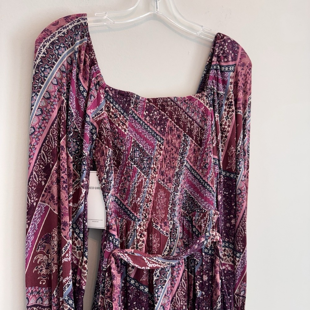 NWT Aura Shop Red Dress XS Purple Boho Patchwork Smocked Long Sleeve Mini Dress - Picture 13 of 14